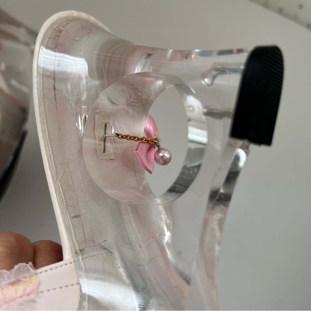 Jesus Diamante Clear Heel Mule Sandals with Pink Bow & Pearl Inside - Picture 10 of 13